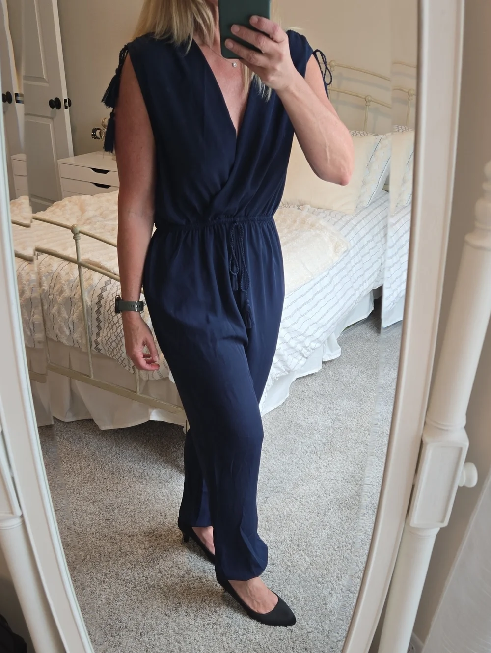 Navy V-Neck Jumpsuit with Tassel Details